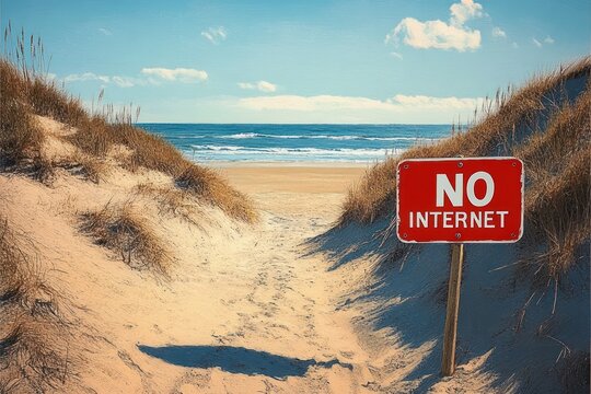 Sandy beach pathway leading to ocean with grassy dunes and a red sign reading no internet under blue sky with scattered clouds