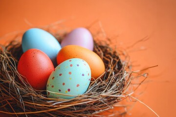 Obraz premium Close-up of colorful speckled eggs in a natural bird nest on an orange background, evoking a playful and festive atmosphere