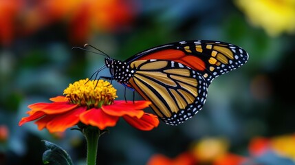 Fototapeta premium Vibrant monarch butterfly resting on a crimson flower.