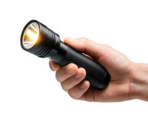 Exploring emergency preparedness with a handheld flashlight in a dark environment isolated on transparent background