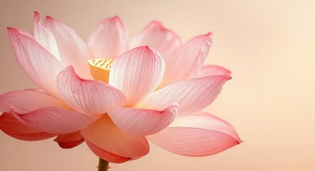 Obraz premium Close-up of a delicate pink lotus flower with translucent petals softly illuminated against a light peach background, evoking tranquility and grace