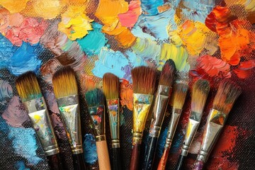 A row of nine paintbrushes with stained bristles and handles laid on a colorful textured palette of mixed oil paints in bright hues