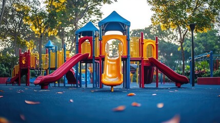 Empty colorful playground with red and yellow slides set among tall green trees on a sunny day