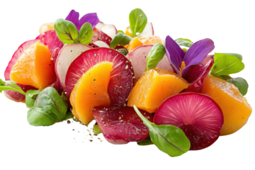 Colorful salad ingredients arranged artistically with vibrant greens, edible flowers, and fresh vegetables for culinary presentation