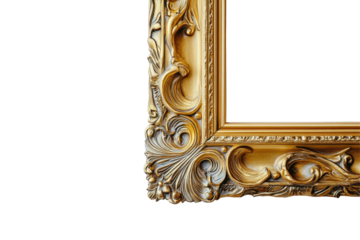 Elegant ornate frame design with intricate golden details suitable for artworks or photographs on a transparent background for creative projects
