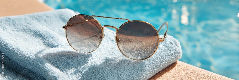 Poster Round Sunglasses Resting on a Soft Towel by the Sparkling Pool on a Bright Sunny Day With a Clear Blue Sky Above Generative AI