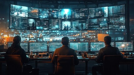 Three individuals monitor multiple digital screens in a futuristic control room overlooking a cityscape at night, conveying focus and collaboration in a high-tech environment