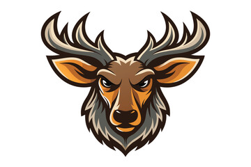 Cartoon deer head with an angry expression features majestic antlers, on a white background