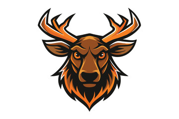 Focused brown deer head with orange horns stares intently against a white backdrop