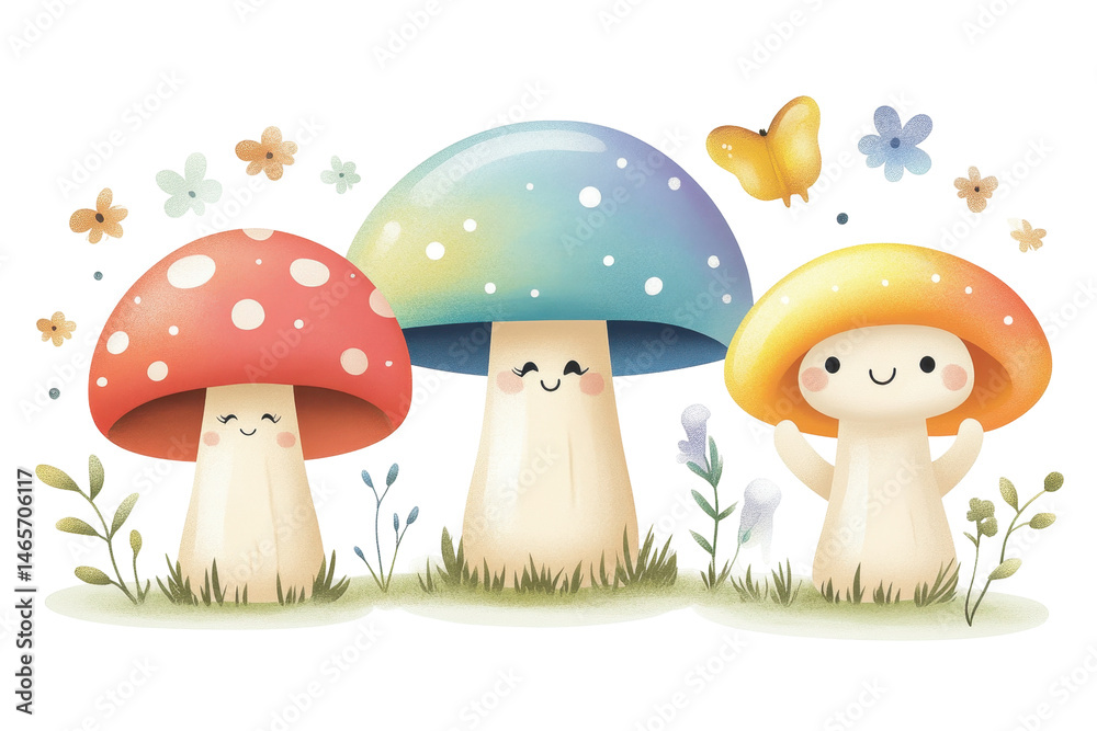 Poster cheerful cartoon rainbow with smiling clouds and colorful hearts on a transparent background perfect