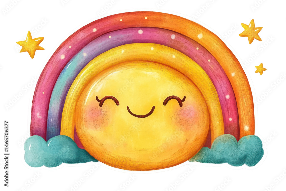 Poster cheerful cartoon rainbow with smiling clouds and colorful hearts on a transparent background perfect