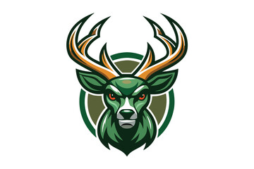 Ferocious stylized deer head with prominent antlers is set against a segmented oval