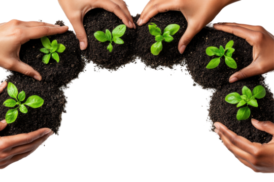 Hands holding fresh, rich soil with a transparent background ideal for gardening, landscaping, and organic farming