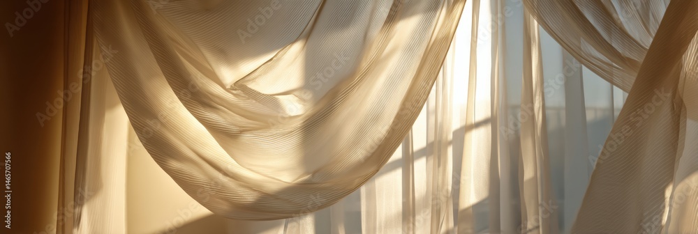 Poster soft sheer curtain billowing in a sunlit room enhancing the relaxed ambiance of a tranquil morning g