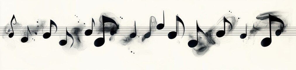 Obraz premium Black musical notes arranged on staff lines with smoky abstract shapes blending into the background, conveying a sense of rhythm and artistic flow
