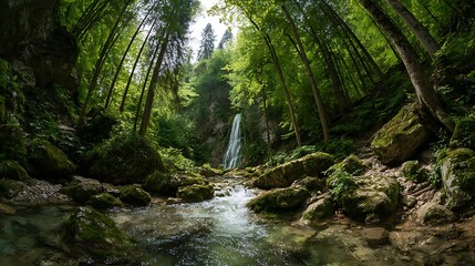 Fototapeta premium 緑豊かな森に囲まれた滝と渓流