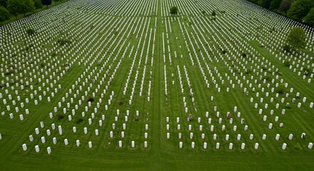 Rows of Headstones in a Cemetery Aerial View