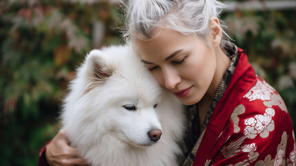 Woman lovingly embracing white Samoyed dog
