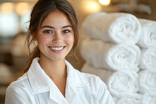 Cruise liner hospitality staff ready to welcome guests with fresh towels, offering a luxury vacation experience