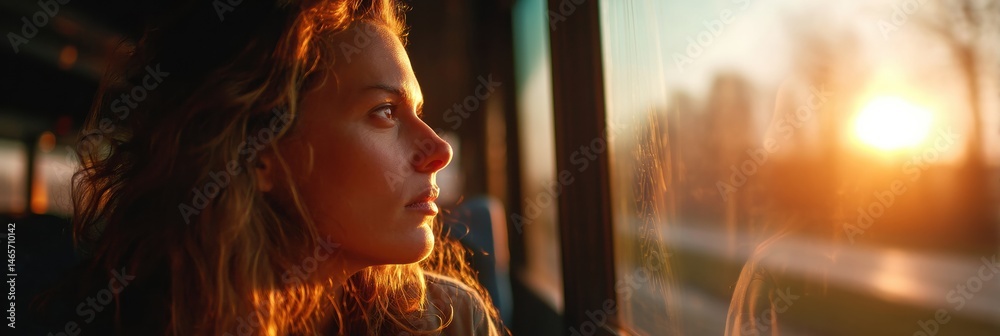Poster woman gazes thoughtfully out a bus window as a warm sunset bathes the scene in golden light on a tra