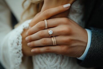 Close-up of two hands wearing wedding and engagement rings showing intimacy and love with one hand gently holding the other