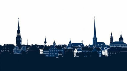 Naklejka premium Tallinn skyline silhouette in navy blue capturing iconic Estonian architecture against crisp sky for travel promotion