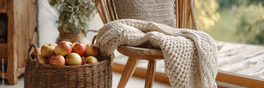 Aufkleber wooden chair adorned with knit throw and basket of fresh apples in a cozy interior setting generativ