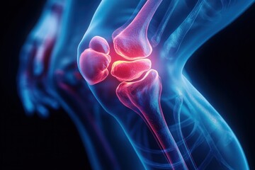 Detailed 3D visualization of a human knee joint highlighting inflammation or injury in the bones and cartilage with glowing red and blue colors
