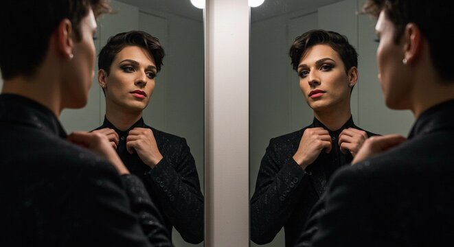 Androgynous model adjusting tie in mirror, gender neutral fashion, male makeup, beauty portrait, style tips