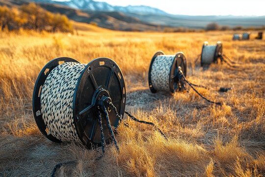 Large black reels with white ropes set on a golden grassy field with distant mountains and a clear sky in the background during golden hour