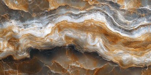Obraz premium Close-up of a polished stone surface with layered patterns in white, brown, and gray tones creating a natural abstract texture