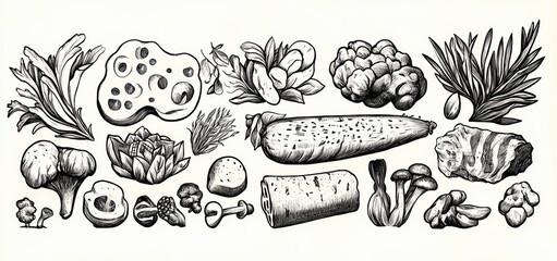 Black and white detailed hand-drawn illustration of various mushrooms and fungi species arranged neatly with intricate textures and shading