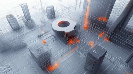 Digital futuristic cityscape with transparent buildings and glowing orange data streams flowing through a smart urban environment