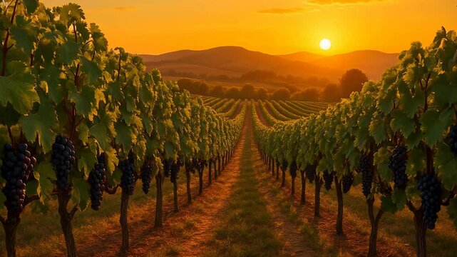 Paisagem de vinhedo ao p&ocirc;r do sol com parreiras e c&eacute;u douradoю