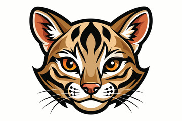 Cartoonish bobcat head with vibrant orange eyes stares forward with a captivating symmetrical design