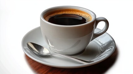 Close-up of a white ceramic cup filled with black coffee on a matching saucer with a silver spoon beside it, placed on a wooden surface, evoking calm morning vibes