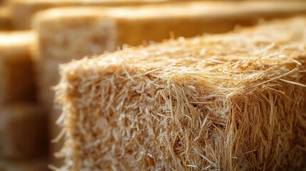 Close-up image of rectangular bale of dry golden straw stacked with other similar bales in soft natural light