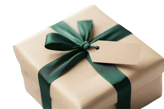 Elegant gift wrapped in brown paper and adorned with a green ribbon and sprig of pine, perfect for any special occasion or celebration