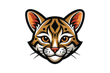 Illustrated serval cat with detailed black markings and striking amber eyes is facing forward