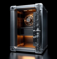 Open modern heavy-duty metal safe with illuminated interior showing lock mechanism and empty shelves, symbolizing security and protection