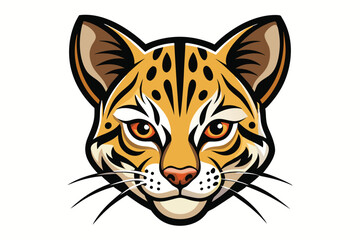 Ocelot stares directly forward showcasing black spots and striking orange eyes on a clean background