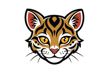 Illustrated bengal cat face exhibits striking yellow eyes and bold striped patterns on a white background