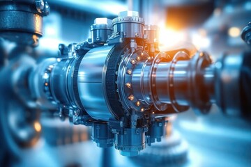 Fototapeta premium Close-up view of a shiny metallic mechanical turbine or industrial machinery part with bolts and detailed engineering components in a high-tech environment