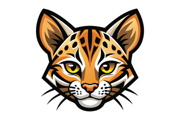 Isolated front view of orange ocelot face displays yellow eyes and whisker details