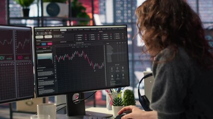 Stock market investor monitors digital charts and candlestick patterns on financial interface. PC displays trading statistics, make data driven investment decisions and manage risks. Camera B.