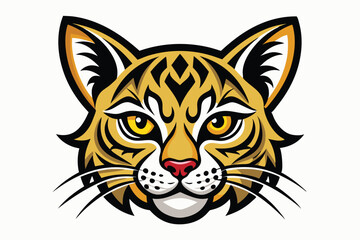 Stylized bobcat face shows bold black stripes and fierce yellow eyes looking forward