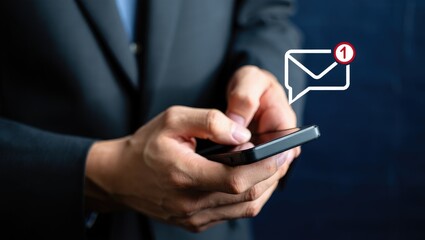 Email campaign alert concept. New email send notification for business e-mail communication. Digital marketing, internet technology. Inbox receives electronic message invite. Man touch on newsletter.