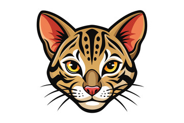 Detailed depiction showcases an isolated ocelot face featuring black stripes and striking yellow eyes