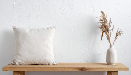 Cream Cushion and Dried Flowers on Wooden Bench Minimalist Home Decor