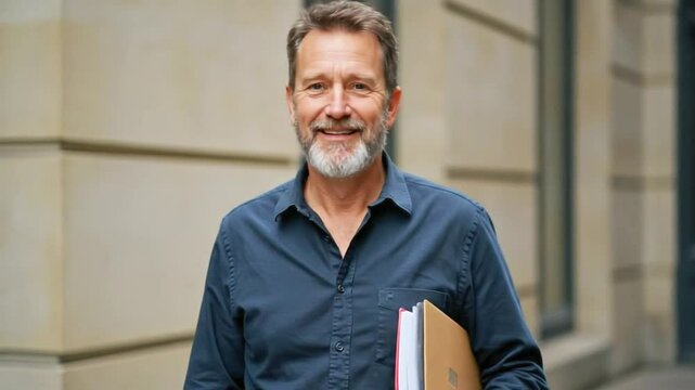 A mature professor with a goatee smiles confidently while carrying books outside a university building on a sunny day